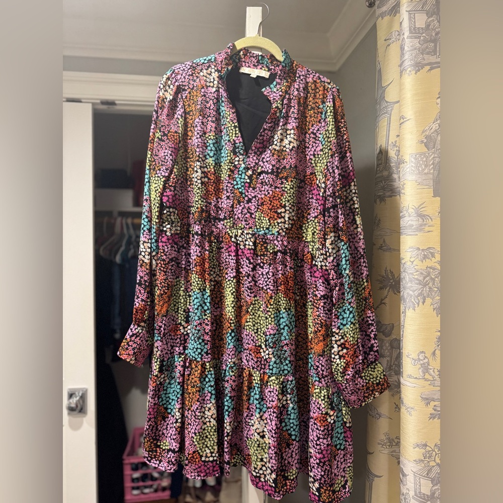 Karlie Dresses| Multicolor Floral Print High Waist V Neck Shirt Dress| Sz L